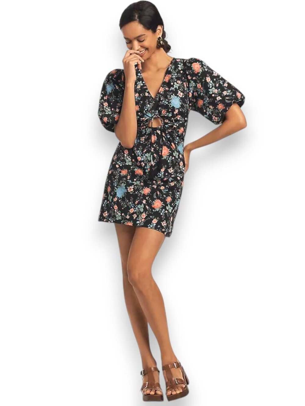 Maeve Anthropologie Black Floral Puff Sleeve Ruched Mini Dress NWT Size Medium